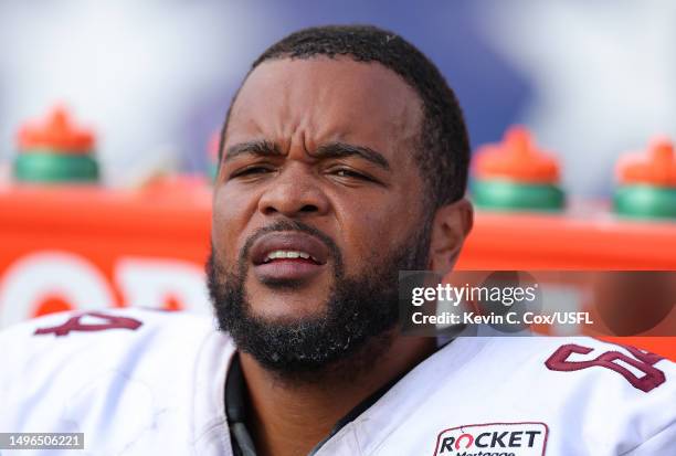 Joshua Dunlop of the Michigan Panthers looks on against the New Orleans Breakers at Protective Stadium on June 04, 2023 in Birmingham, Alabama.