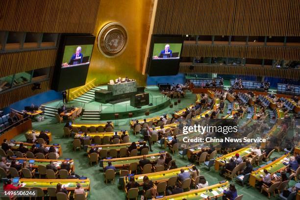 General Assembly President Csaba Korosi announces the result of the vote during a meeting to elect non-permanent members of the Security Council at...