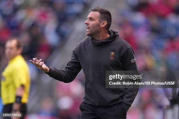 Houston Dynamo head coach Ben Olsen looks on at SeatGeek Stadium on June 6, 2023 in Bridgeview, Illinois.