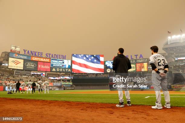 The Chicago White Sox stand for the national anthem prior to the the first inning against the New York Yankees at Yankee Stadium on June 06, 2023 in...