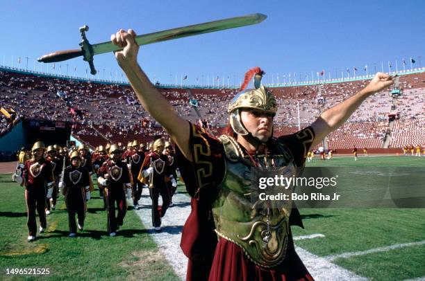 Trojan leads the USC Band before game action between University of Southern California and University of Washington at Los Angeles Coliseum, November...