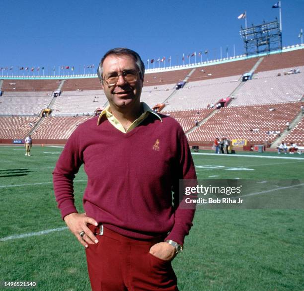 Football Head Coach Ted Tollner before game action between University of Southern California and University of Washington at Los Angeles Coliseum,...