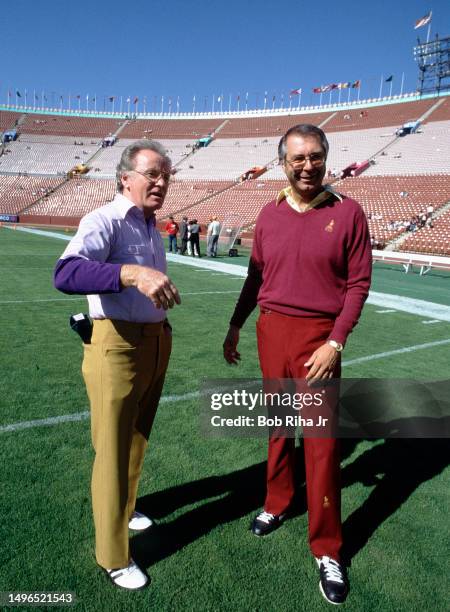 Head Coach Ted Tollner and University of Washington Head Coach Don James before game action between University of Southern California and University...