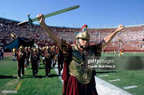 Trojan leads the USC Band before game action between University of Southern California and University of Washington at Los Angeles Coliseum, November...