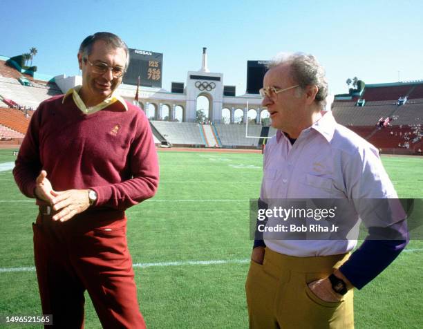 Head Coach Ted Tollner and University of Washington Head Coach Don James before game action between University of Southern California and University...