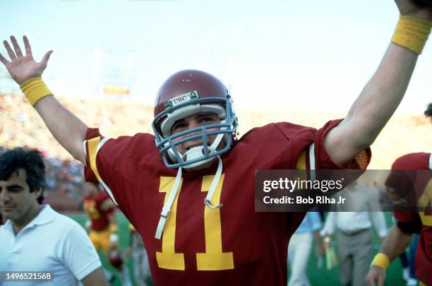 Quarterback Tim Green celebrates victory after game action between University of Southern California and University of Washington at Los Angeles...