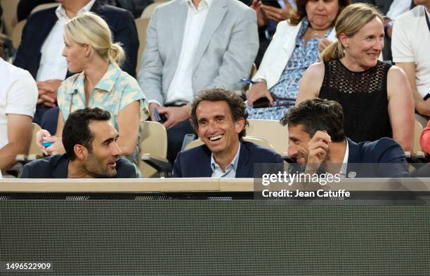 Martin Fourcade, Alexandre Bompard, Tony Estanguet attend the 2023 French Open at Stade Roland Garros on June 6, 2023 in Paris, France.