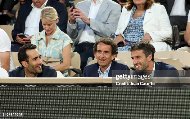 Martin Fourcade, Alexandre Bompard, Tony Estanguet attend the 2023 French Open at Stade Roland Garros on June 6, 2023 in Paris, France.