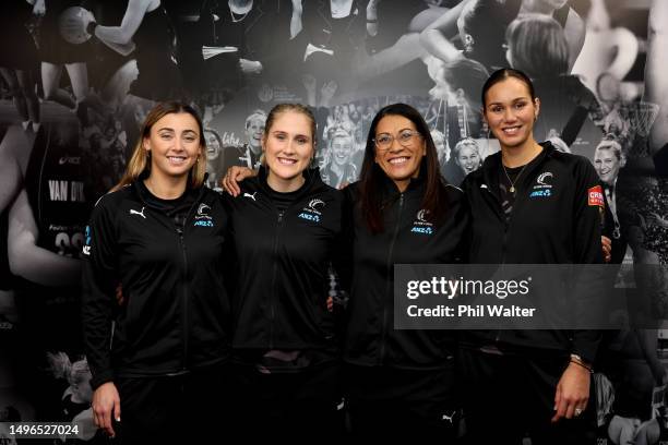 SIlver Ferns captain Ameliaranne Ekenasio and vice-captain Gina Crampton pose with debutant Maddy Gordon and Silver Ferns coach Dame Noeline Taurua...