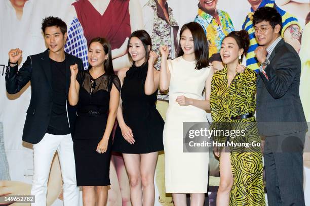 South Korean actors Kim Kang-Woo, Jo Yeo-Jeong, Nam Gyu-Ri, Kang Min-Kyung of Davichi, Kim Hae-Eun and Jung Suk-Won attend during a press conference...