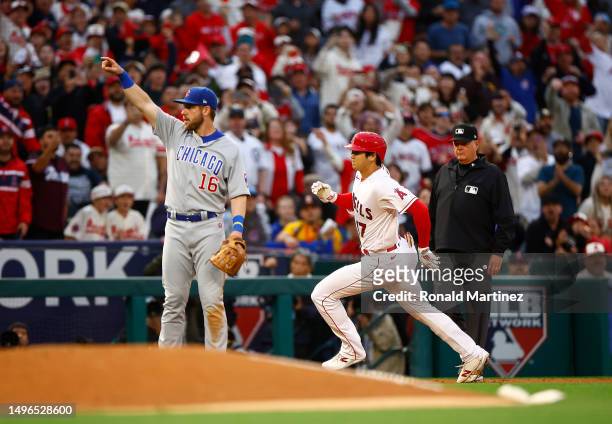 Shohei Ohtani of the Los Angeles Angels hits a home run against the Chicago Cubs in the fourth inning at Angel Stadium of Anaheim on June 06, 2023 in...