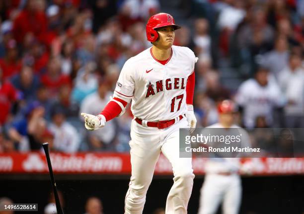Shohei Ohtani of the Los Angeles Angels hits a home run against the Chicago Cubs in the fourth inning at Angel Stadium of Anaheim on June 06, 2023 in...