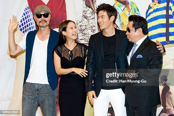 South Korean actors Lee Jae-Yong, Jo Yeo-Jeong, Kim Kang-Woo and Lim Ha-Ryong attend during a press conference to promote the KBS drama 'Haeundae...