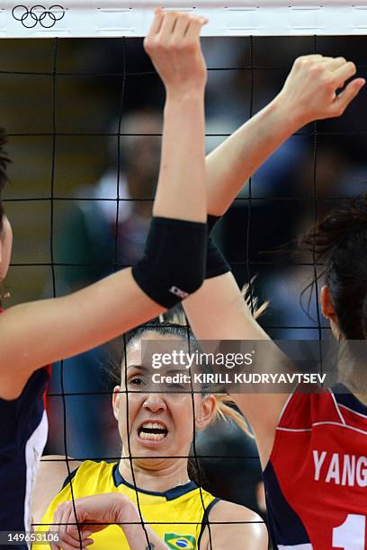 Brazil's Thaisa Menezes reacts during the Women's preliminary pool B volleyball match between Brazil and South Korea in the 2012 London Olympic Games...