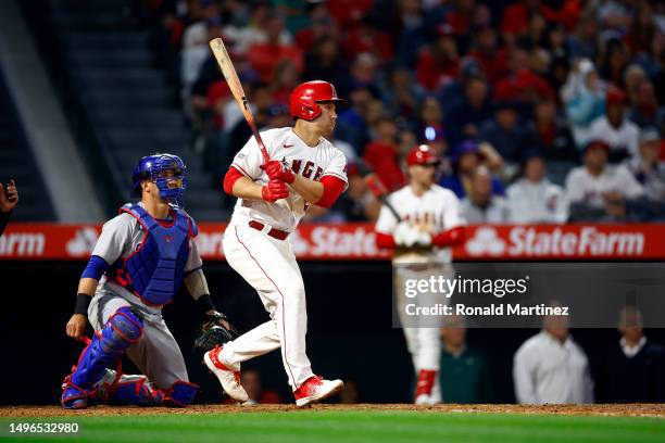 Matt Thaiss of the Los Angeles Angels hits a two-run single against the Chicago Cubs in the fifth inning at Angel Stadium of Anaheim on June 06, 2023...
