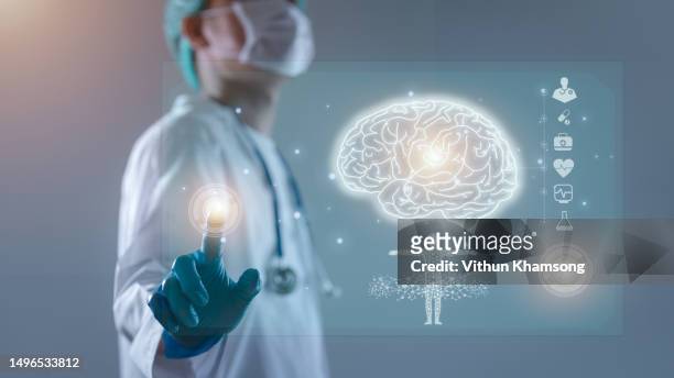 doctor and brain human anatomy on technological digital futuristic - bone graphic stock-fotos und bilder
