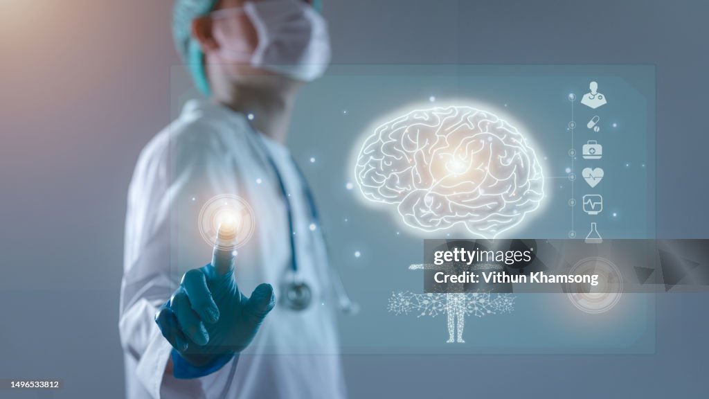 Doctor and brain human anatomy on technological digital futuristic