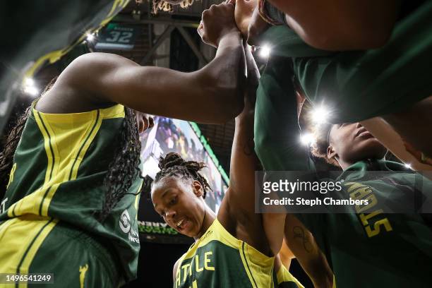 Jewell Loyd of the Seattle Storm reacts after beating Los Angeles Sparks 66-63 and recording her 4,000th career point at Climate Pledge Arena on June...