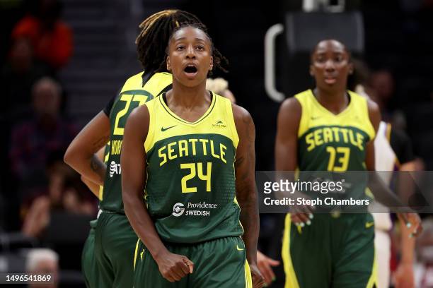 Jewell Loyd of the Seattle Storm reacts during the fourth quarter against the Los Angeles Sparks at Climate Pledge Arena on June 06, 2023 in Seattle,...