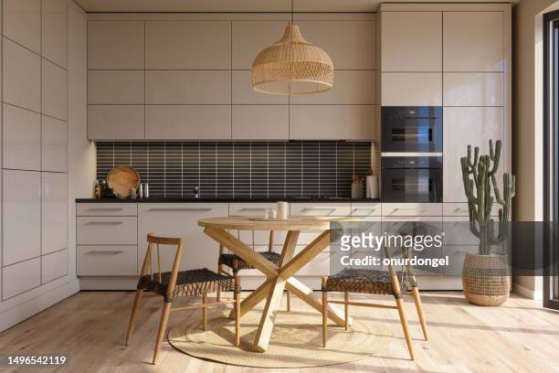 modern kitchen interior with beige cabinets, wood dining table, chairs and cactus plant - parquet floor stock pictures, royalty-free photos & images