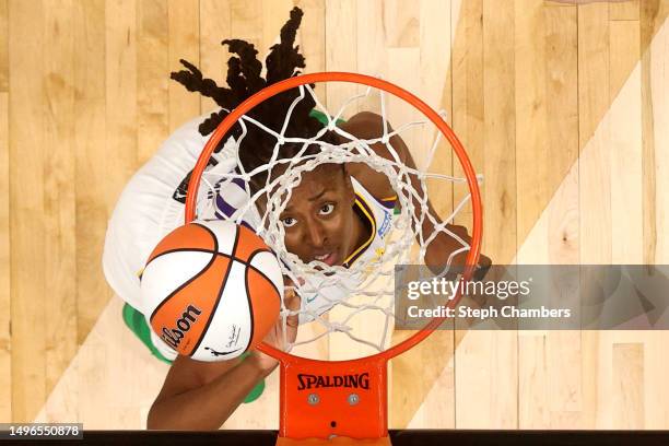 Nneka Ogwumike of the Los Angeles Sparks watches her basket against the Seattle Storm at Climate Pledge Arena on June 06, 2023 in Seattle, Washington.