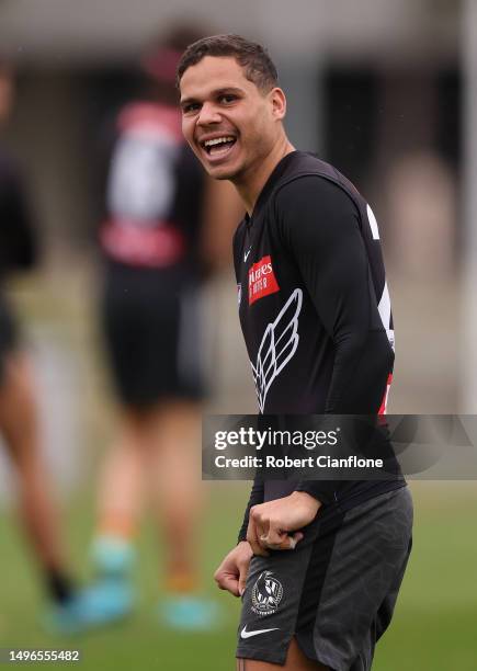 Bobby Hill of the Magpies laughs during a Collingwood Magpies AFL media opportunity at Olympic Park Oval on June 07, 2023 in Melbourne, Australia.