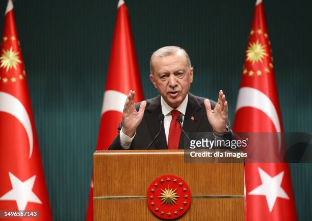 President Erdoğan makes a press statement after the Cabinet Meeting, Journalists asked questions to the ministers on June 6, 2023 in Ankara, Türkiye.