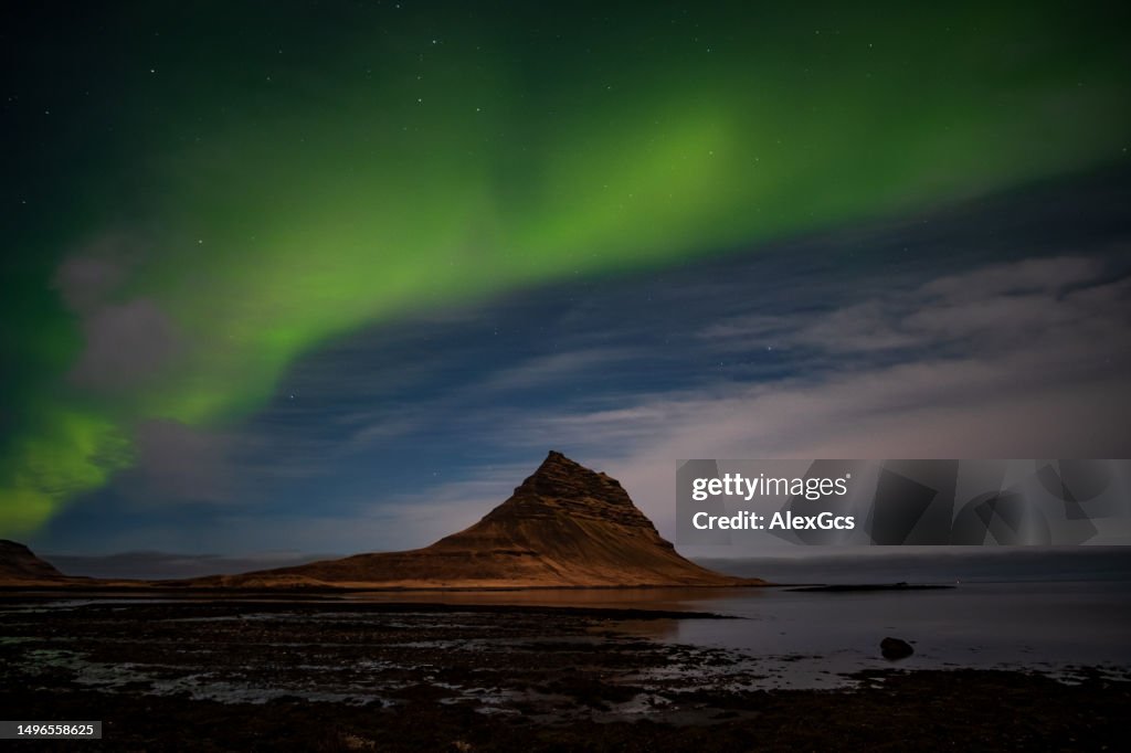 Northern lights over Kirkjufell mountain (Church Mountain), Grundarfjordur, Snaefellsnes Peninsula, Iceland