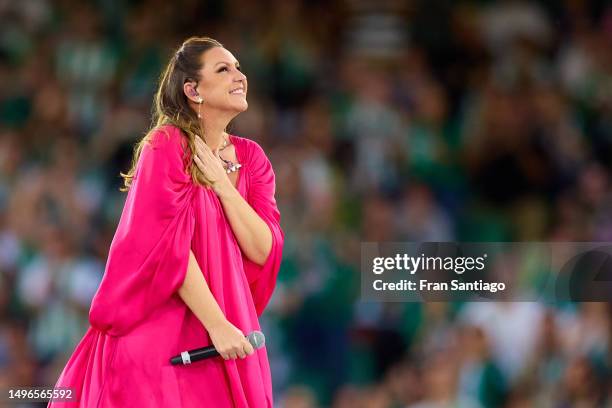 Singer Niña Pastori performs prior to Joaquin Sanchez Tribute Match at Estadio Benito Villamarin on June 06, 2023 in Seville, Spain. Joaquin Sanchez...