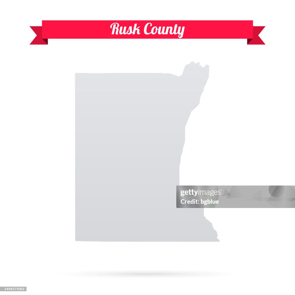 Rusk County, Texas. Map on white background with red banner