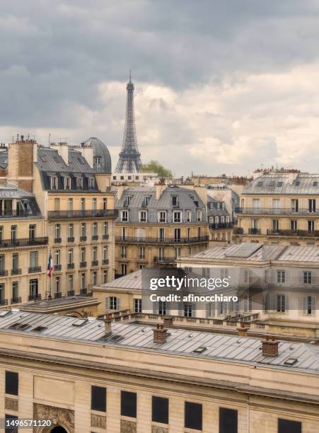 traditional city buildings and rooftops with eiffel tower in distance, paris, france - eifel tower stock pictures, royalty-free photos & images