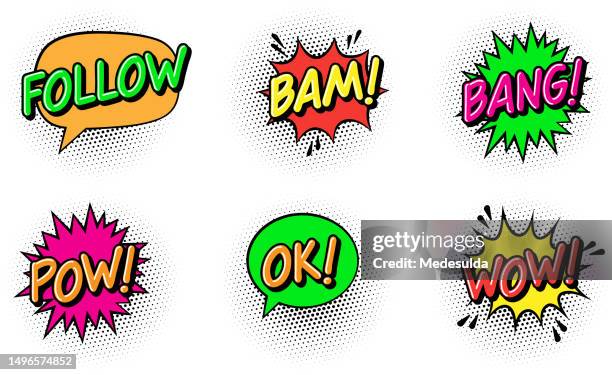 social media tags text follow, bam, bang, pow, ok, wow. - vintage fashion stock illustrations