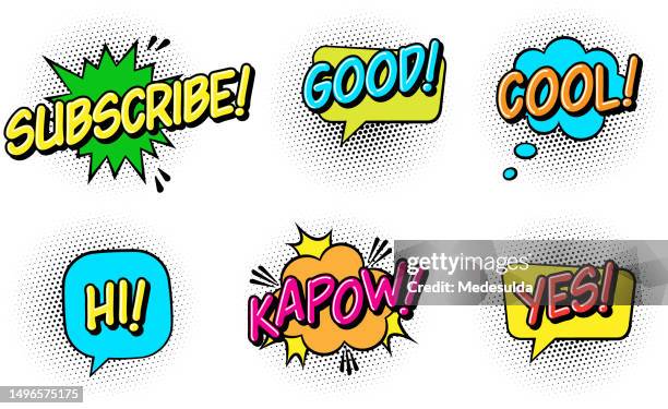 illustrations, cliparts, dessins animés et icônes de tags de médias sociaux texte s’abonner, bon, cool, salut, kapow, oui. - pop