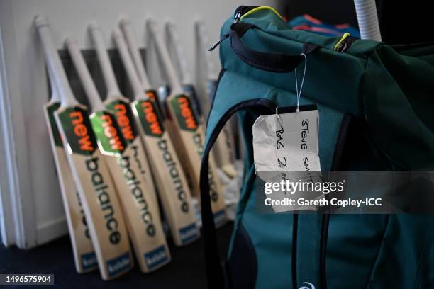 Australia batsman's Steve Smith's kit in the dressing room ahead of day one of the ICC World Test Championship Final between Australia and India at...