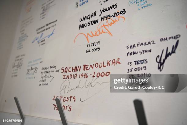 Signatures of former cricketers on the walls in the Indian dressing room ahead of day one of the ICC World Test Championship Final between Australia...