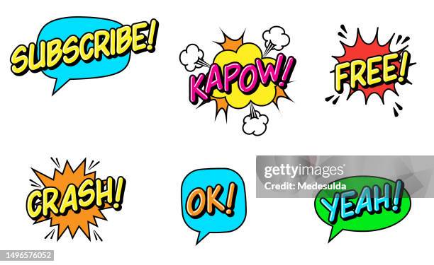expression text subscribe, kapow, free, crash, ok, yeah. cartoon speech bubble. comic retro dialog. surprise or explosion symbol. - 免費 幅插畫檔、美工圖案、卡通及圖標