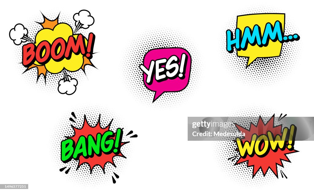 Style rétro Texte d’expression de bande dessinée BOOM, BANG, HMM, WOW, YES.