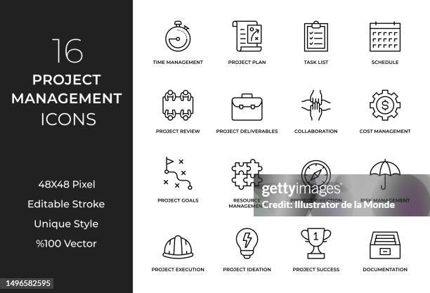 project management line icon set - gantt chart stock illustrations