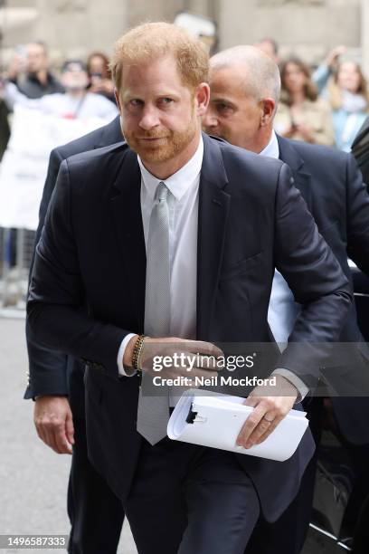 Prince Harry, Duke of Sussex, arrives to give evidence at the Mirror Group Phone hacking trial at the Rolls Building at High Court on June 07, 2023...