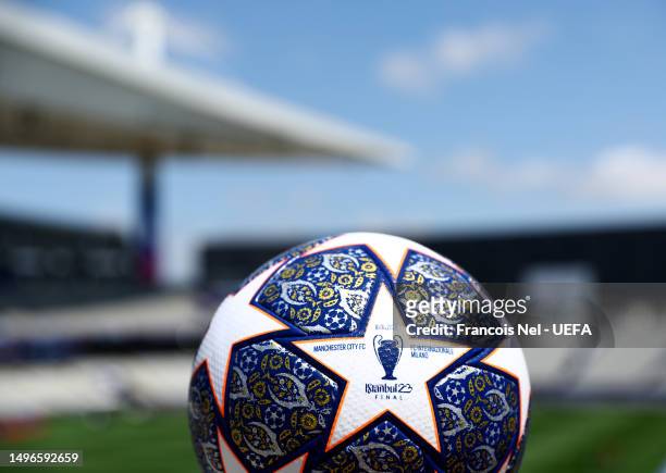 View of the official match ball ahead of the UEFA Champions League 2022/23 final on June 07, 2023 in Istanbul, Turkey.