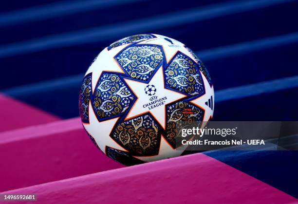 View of the official match ball ahead of the UEFA Champions League 2022/23 final on June 07, 2023 in Istanbul, Turkey.