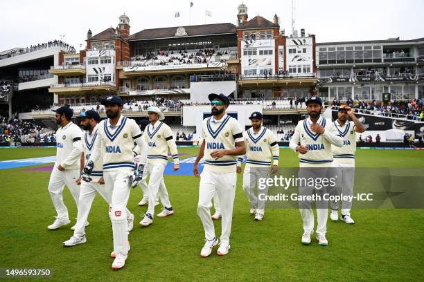 India players walk out onto the field during day one of the ICC World Test Championship Final between Australia and India at The Oval on June 07,...