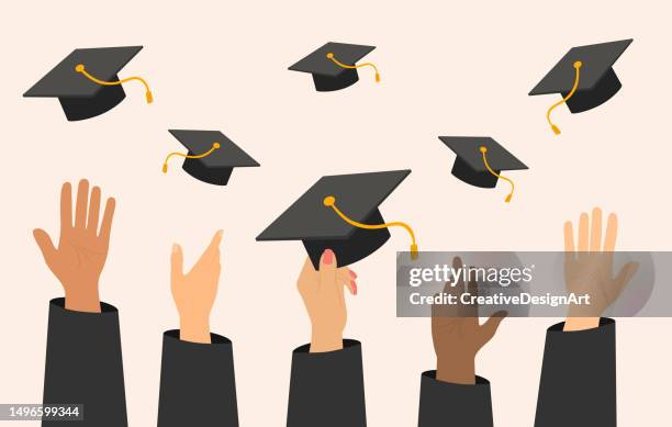 illustrazioni stock, clip art, cartoni animati e icone di tendenza di studenti laureandi che lanciano cappellini di laurea. celebrare il diploma e la laurea - tocco accademico