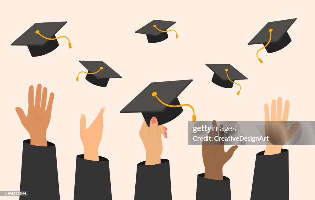 Graduating Students Throwing Graduation Caps. Celebrating Diploma And Graduation