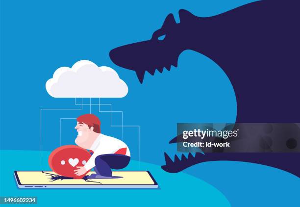 businessman picking up speech bubble on smartphone cracked screen while furious beast shadow approaching - cloud security stock illustrations