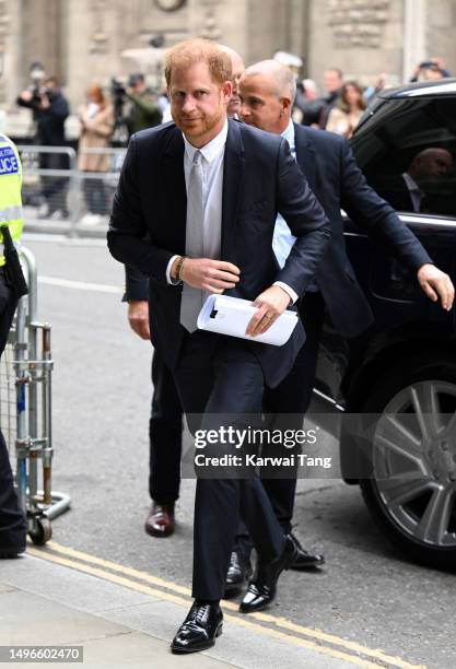 Prince Harry, Duke of Sussex, arrives to give evidence at the Mirror Group Phone hacking trial at the Rolls Building at High Court on June 07, 2023...