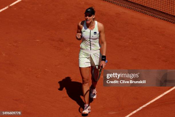 Beatriz Haddad Maia of Brazil celebrates a point against Ons Jabeur of Tunisia during the Women's Singles Quarter Final match on Day Eleven of the...