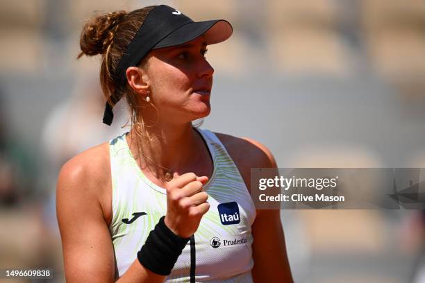 Beatriz Haddad Maia of Brazil celebrates a point against Ons Jabeur of Tunisia during the Women's Singles Quarter Final match on Day Eleven of the...