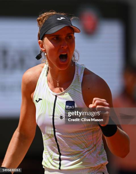 Beatriz Haddad Maia of Brazil celebrates a point against Ons Jabeur of Tunisia during the Women's Singles Quarter Final match on Day Eleven of the...