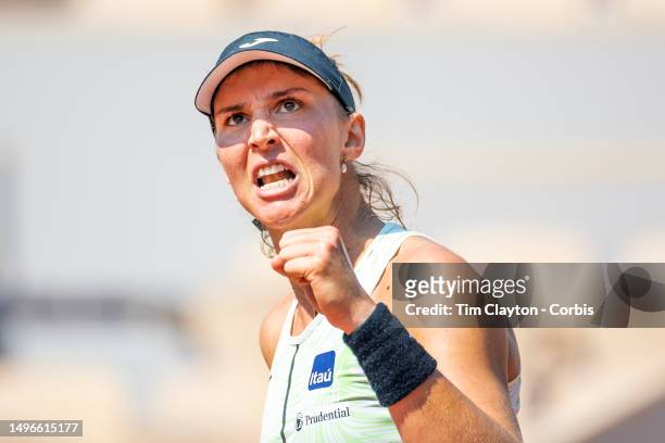 Beatriz Haddad Maia of Brazil reacts during her match against Ons Jabeur of Tunisia in the quarter-final round of the singles competition on...